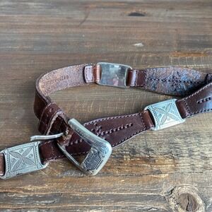 Vintage Fossil 1998 Brown Leather Western Belt Engraved Silver Plates Womens 32